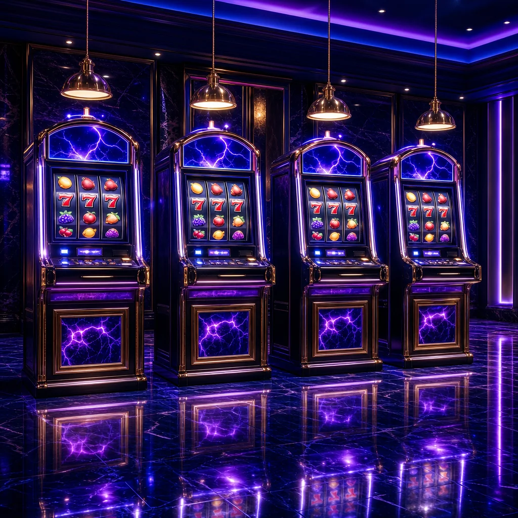 Neon slot machines crackling with violet plasma lightning
