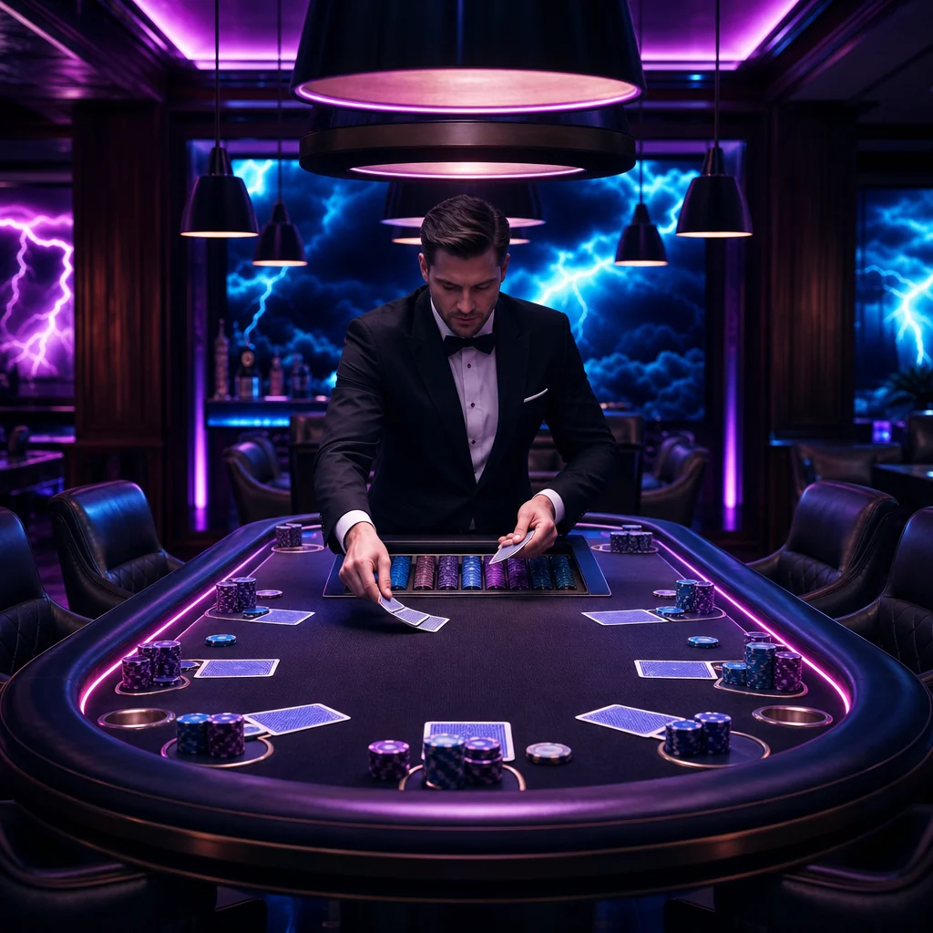 Playing cards fanned across glowing neon casino table